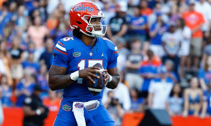 Nov 12, 2022; Gainesville, Florida, USA; Florida Gators quarterback Anthony Richardson (15) drops back against the South Carolina Gamecocks during the first quarter at Ben Hill Griffin Stadium. Mandatory Credit: Kim Klement-USA TODAY Sports
